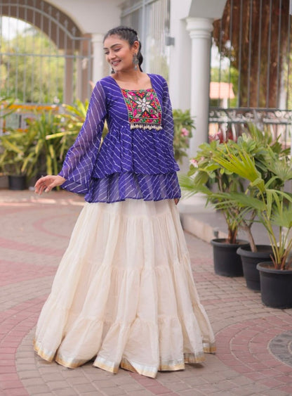 Blue Pure Faux Georgette Lahariya Print with Kutchi Patchwork Navratri Lehenga Choli