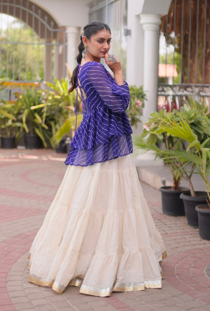 Blue Pure Faux Georgette Lahariya Print with Kutchi Patchwork Navratri Lehenga Choli