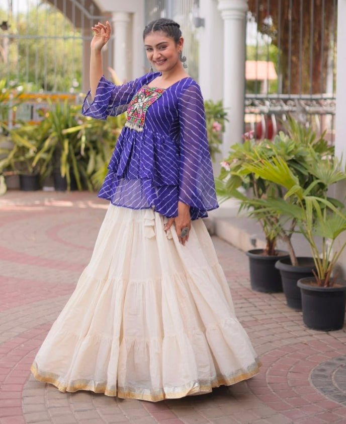 Blue Pure Faux Georgette Lahariya Print with Kutchi Patchwork Navratri Lehenga Choli