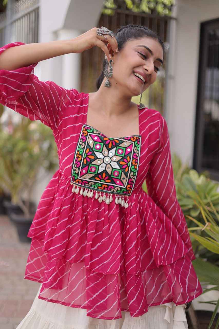 Pink Pure Faux Georgette Lahariya Print with Kutchi Patchwork Navratri Lehenga Choli