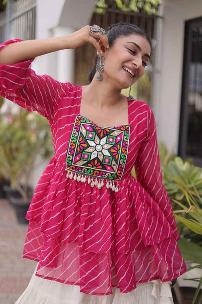 Pink Pure Faux Georgette Lahariya Print with Kutchi Patchwork Navratri Lehenga Choli