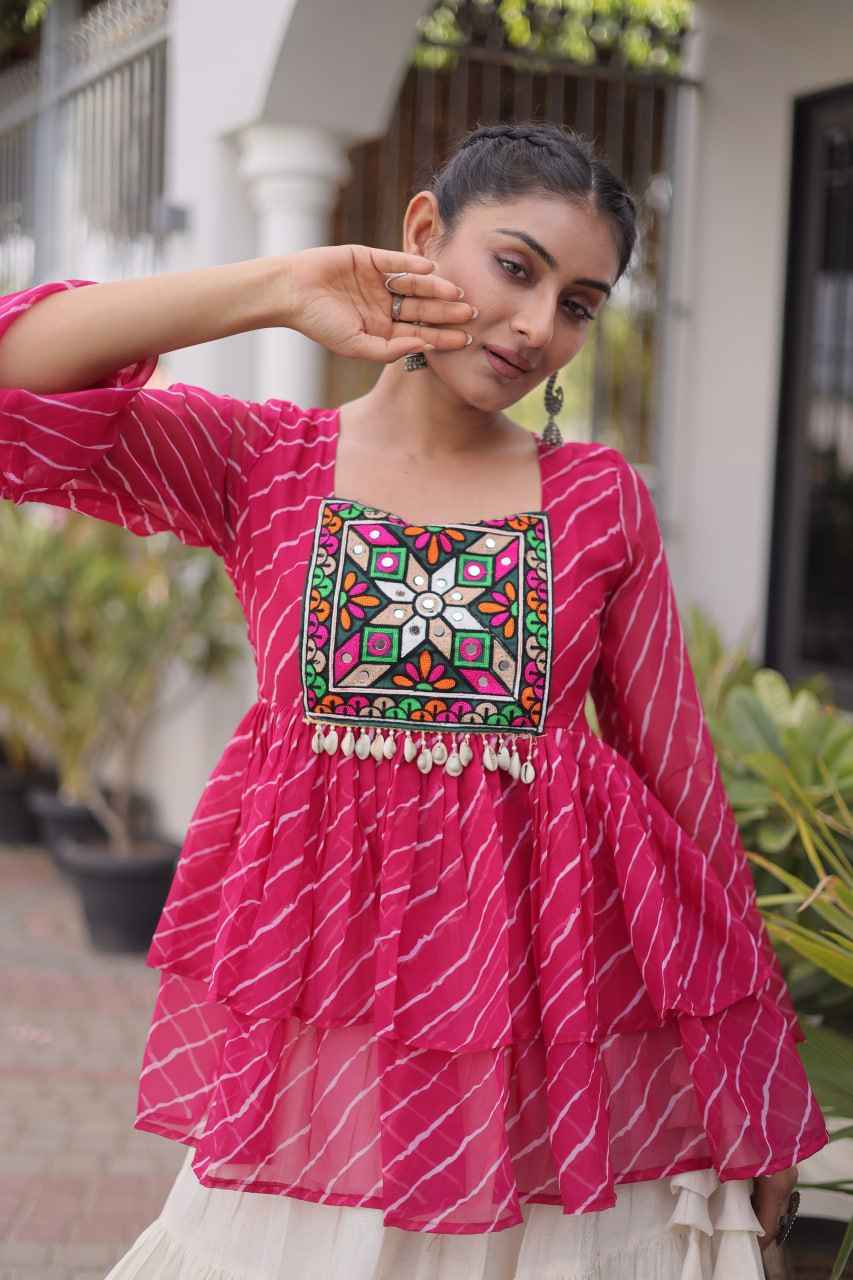 Pink Pure Faux Georgette Lahariya Print with Kutchi Patchwork Navratri Lehenga Choli