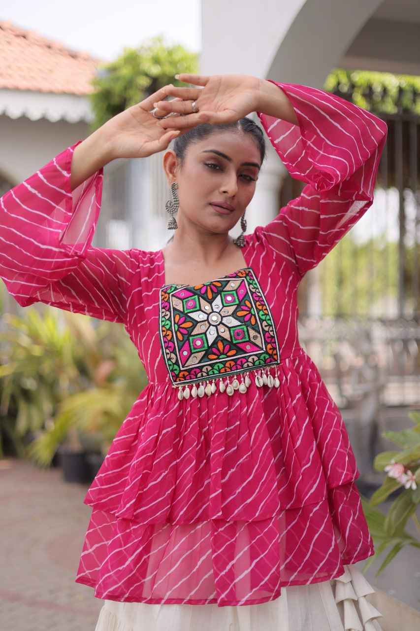 Pink Pure Faux Georgette Lahariya Print with Kutchi Patchwork Navratri Lehenga Choli