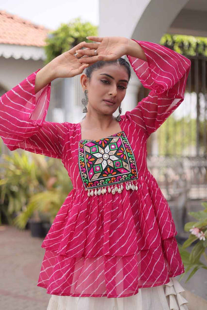 Pink Pure Faux Georgette Lahariya Print with Kutchi Patchwork Navratri Lehenga Choli