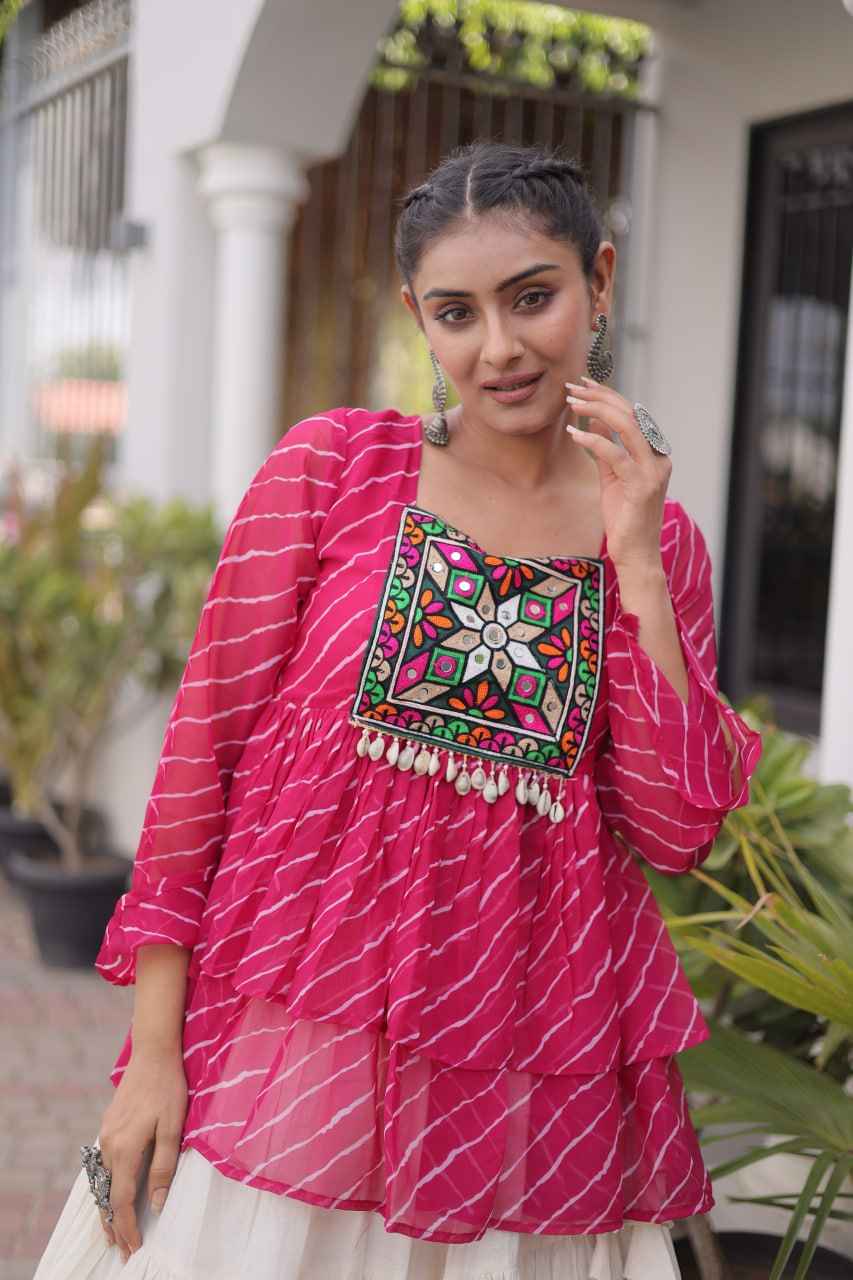 Pink Pure Faux Georgette Lahariya Print with Kutchi Patchwork Navratri Lehenga Choli