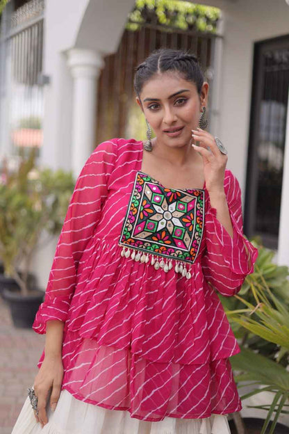 Pink Pure Faux Georgette Lahariya Print with Kutchi Patchwork Navratri Lehenga Choli