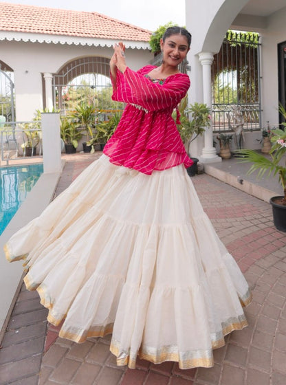 Pink Pure Faux Georgette Lahariya Print with Kutchi Patchwork Navratri Lehenga Choli