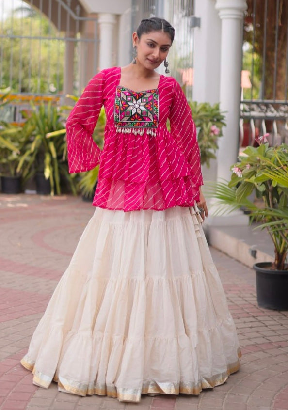 Pink Pure Faux Georgette Lahariya Print with Kutchi Patchwork Navratri Lehenga Choli