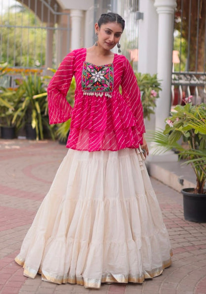 Pink Pure Faux Georgette Lahariya Print with Kutchi Patchwork Navratri Lehenga Choli