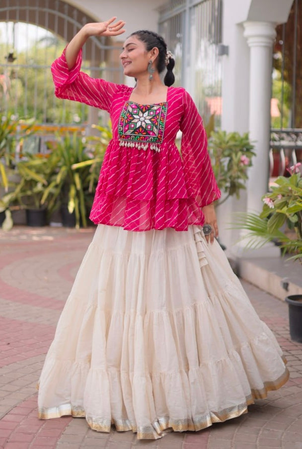 Pink Pure Faux Georgette Lahariya Print with Kutchi Patchwork Navratri Lehenga Choli