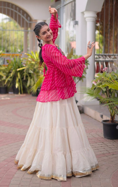 Pink Pure Faux Georgette Lahariya Print with Kutchi Patchwork Navratri Lehenga Choli