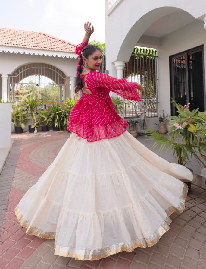 Pink Pure Faux Georgette Lahariya Print with Kutchi Patchwork Navratri Lehenga Choli