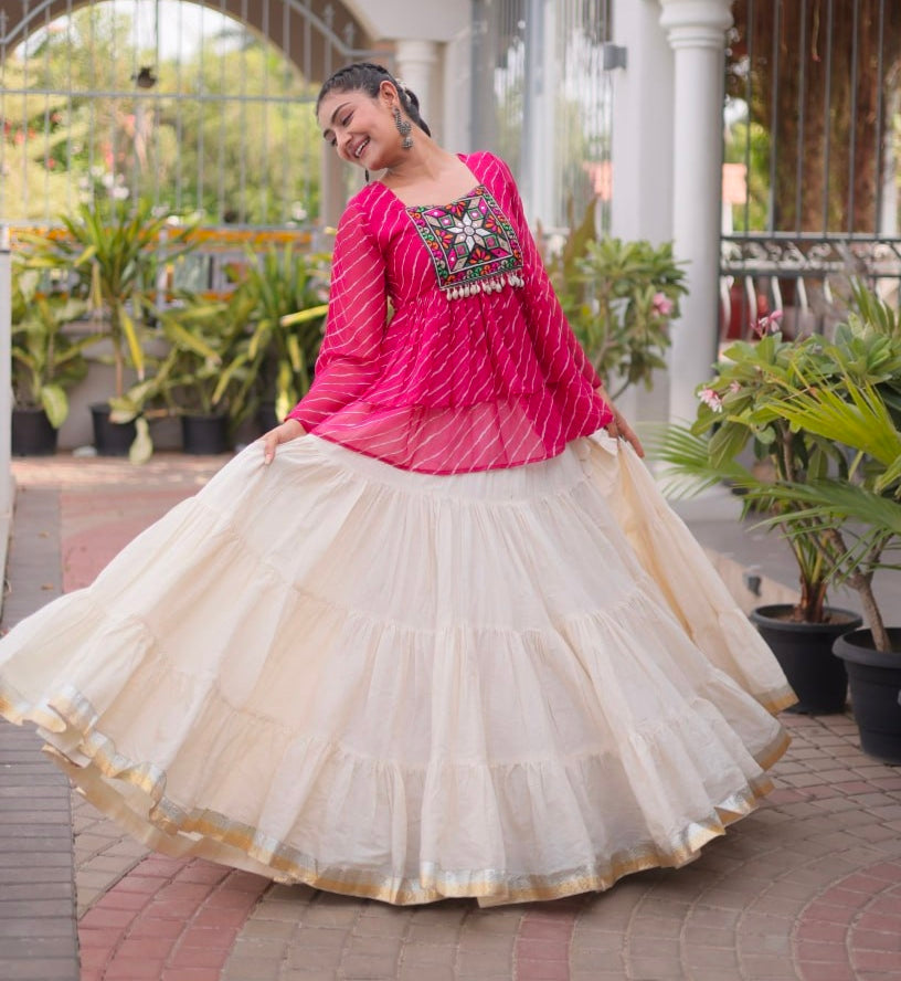 Pink Pure Faux Georgette Lahariya Print with Kutchi Patchwork Navratri Lehenga Choli