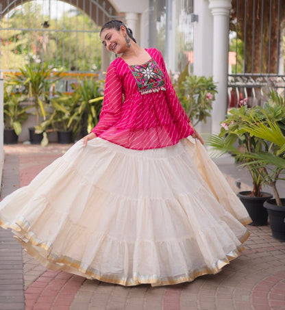 Pink Pure Faux Georgette Lahariya Print with Kutchi Patchwork Navratri Lehenga Choli
