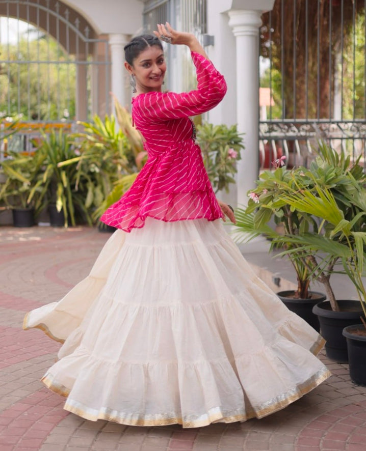 Pink Pure Faux Georgette Lahariya Print with Kutchi Patchwork Navratri Lehenga Choli