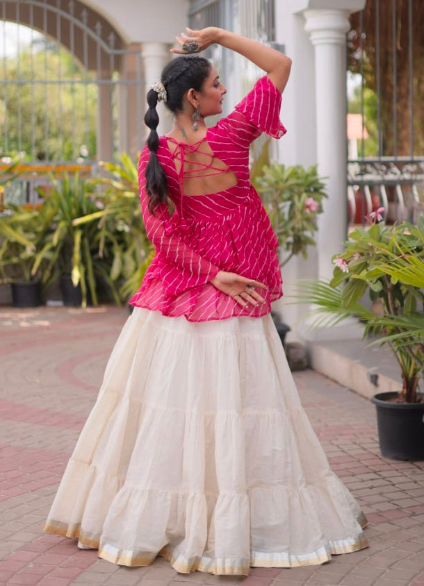 Pink Pure Faux Georgette Lahariya Print with Kutchi Patchwork Navratri Lehenga Choli