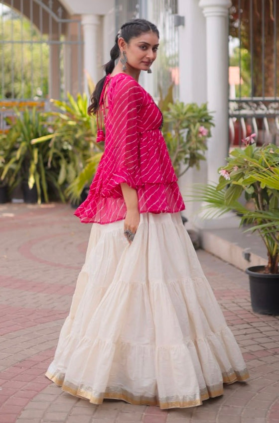 Pink Pure Faux Georgette Lahariya Print with Kutchi Patchwork Navratri Lehenga Choli