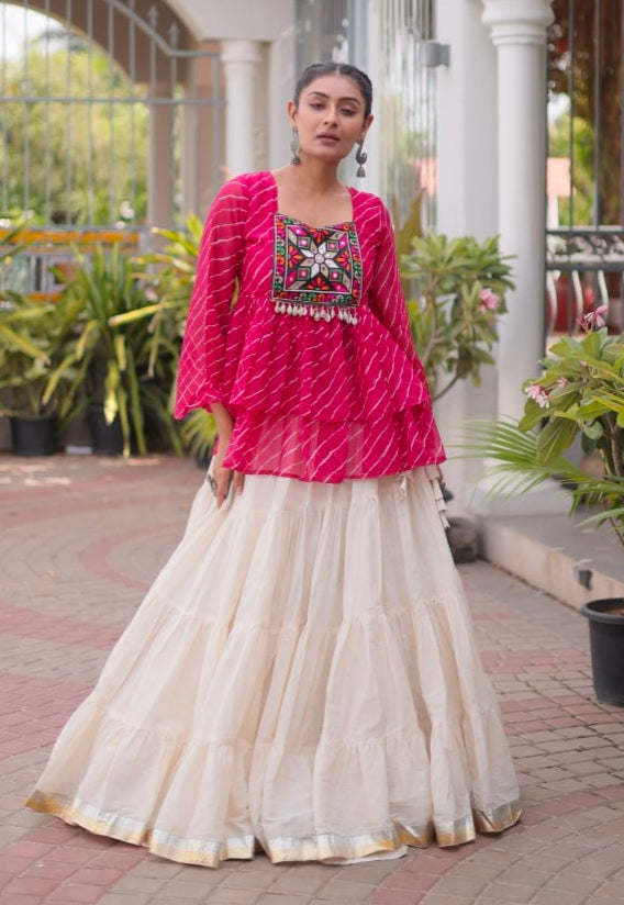 Pink Pure Faux Georgette Lahariya Print with Kutchi Patchwork Navratri Lehenga Choli