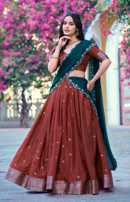 Rust Pure Poly Cotton with Zari Woven Half Saree Lehenga
