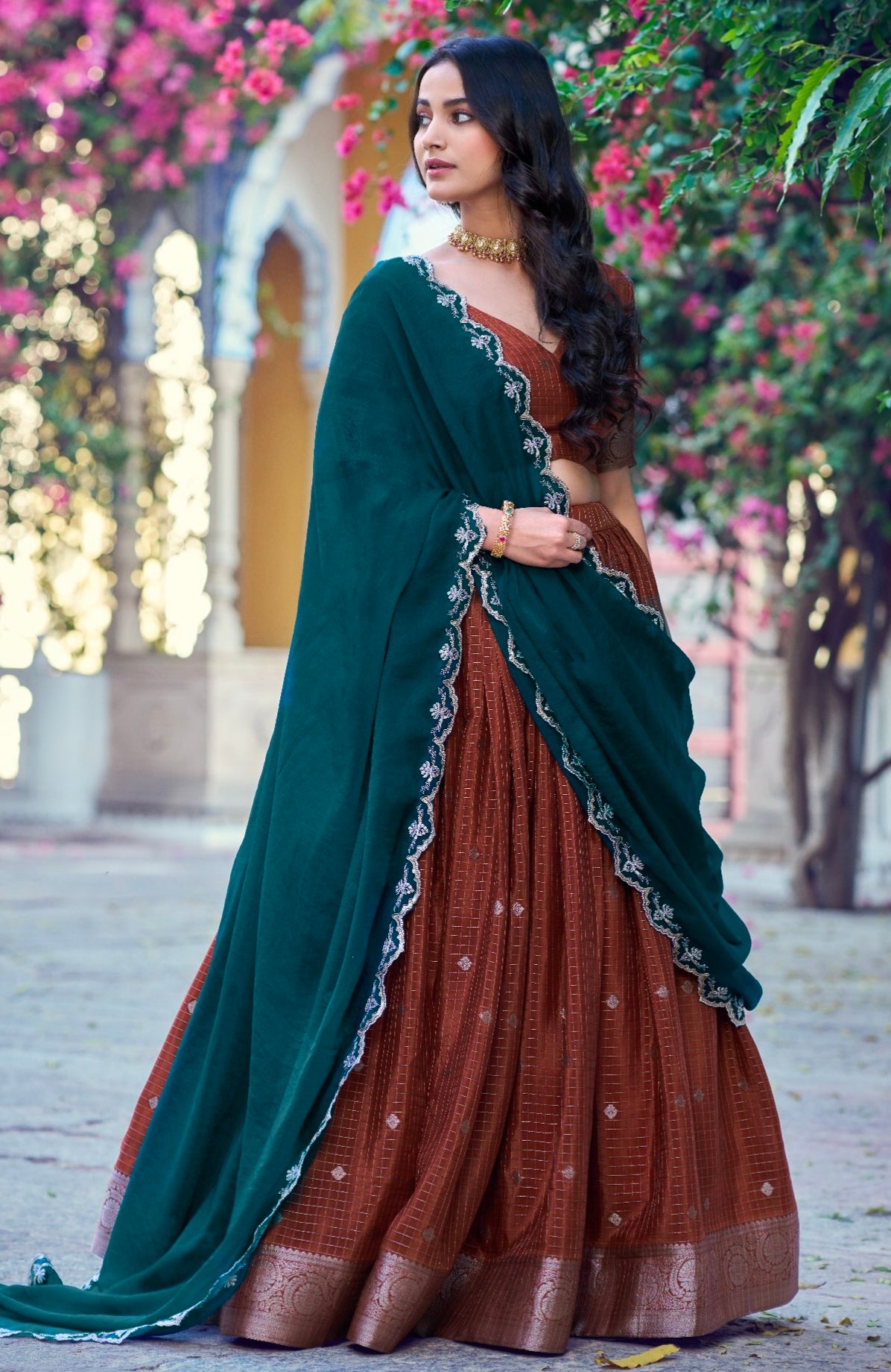 Rust Pure Poly Cotton with Zari Woven Half Saree Lehenga