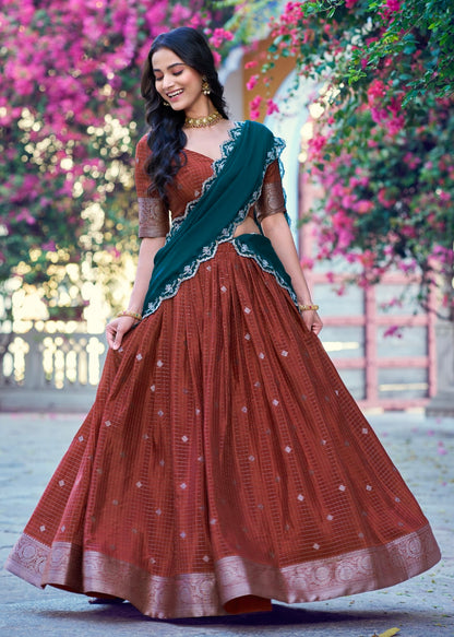 Rust Pure Poly Cotton with Zari Woven Half Saree Lehenga