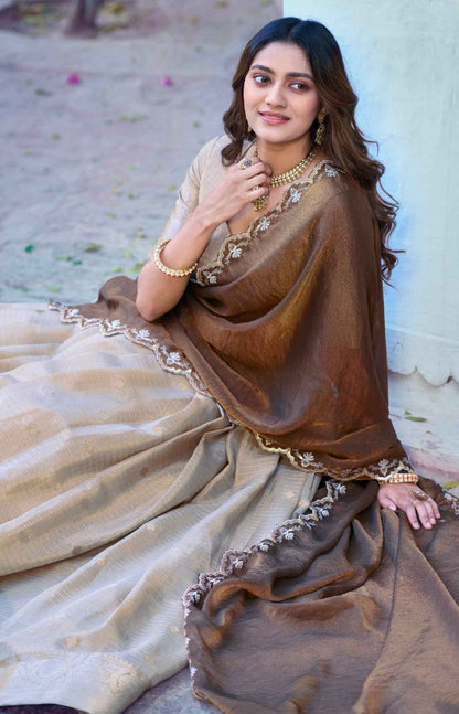 Cream Pure Poly Cotton with Zari Woven Half Saree Lehenga