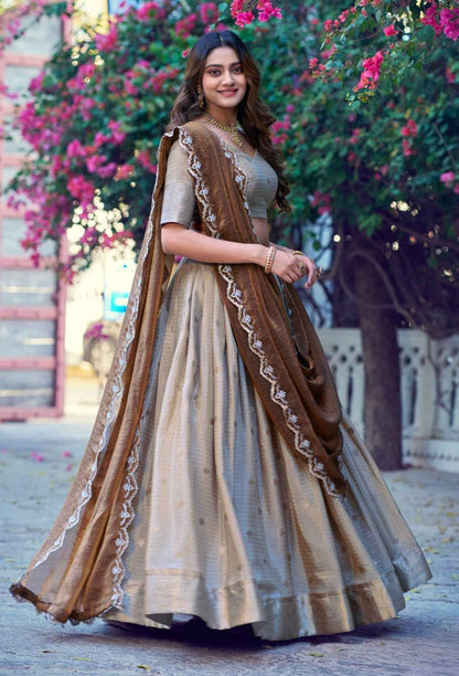 Cream Pure Poly Cotton with Zari Woven Half Saree Lehenga