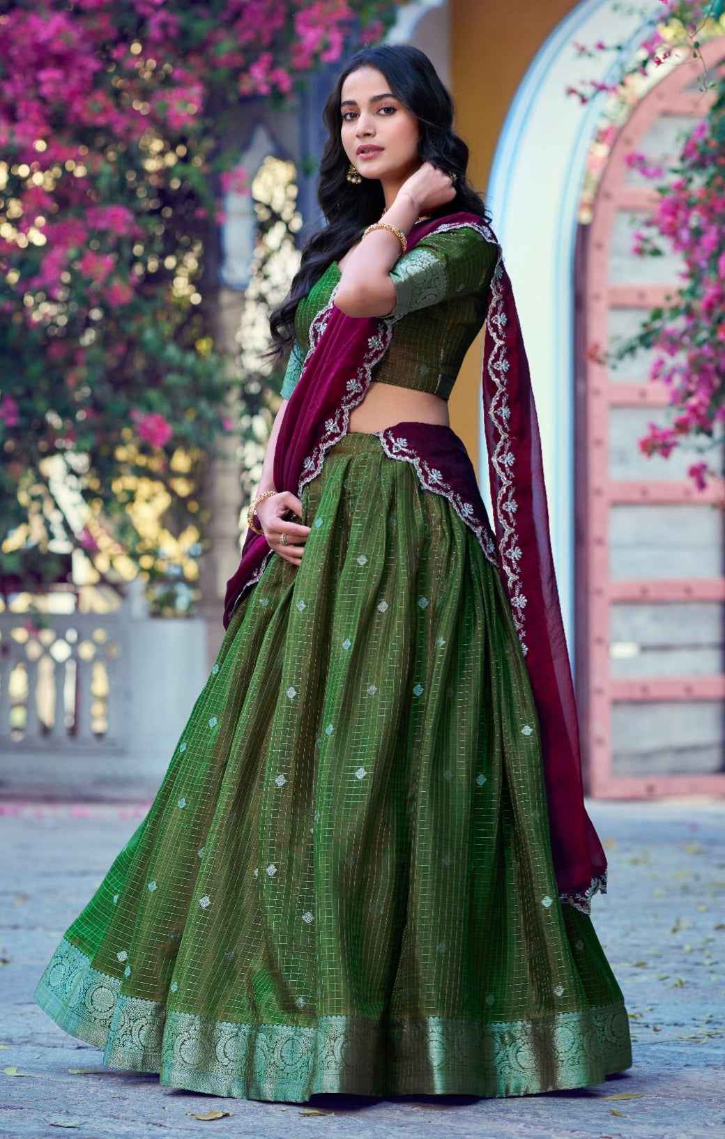 Mehandi Pure Poly Cotton with Zari Woven Half Saree Lehenga