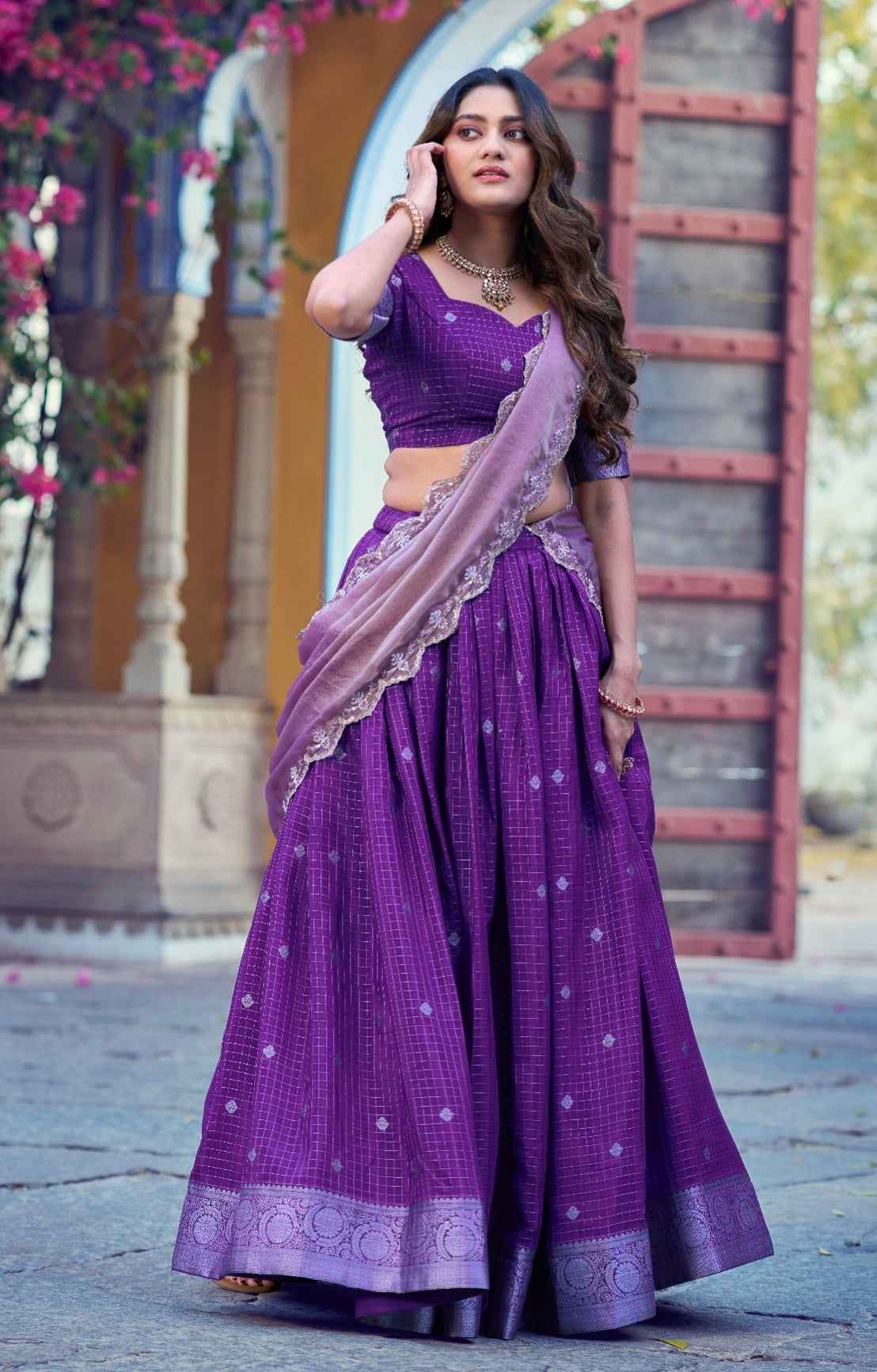 Purple Pure Poly Cotton with Zari Woven Half Saree Lehenga