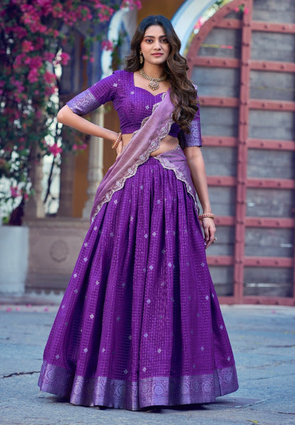 Purple Pure Poly Cotton with Zari Woven Half Saree Lehenga