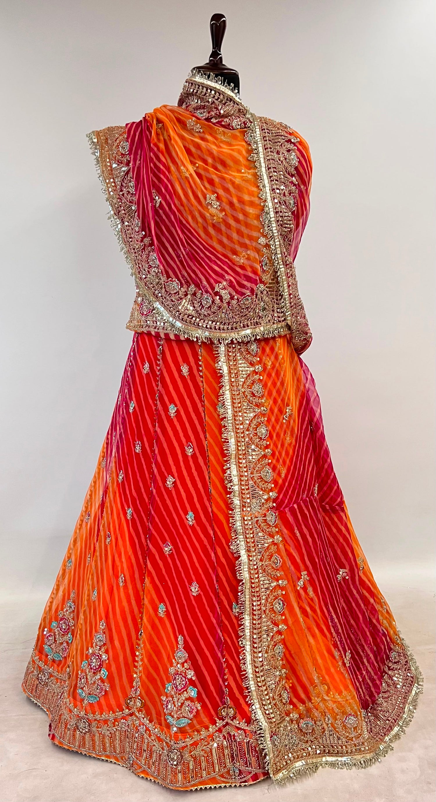 Orange Pure Semi Georgette Lahariya Print 05 Mte Flair With Gotta Patti Rajasthani Rajputi Lehenga Choli