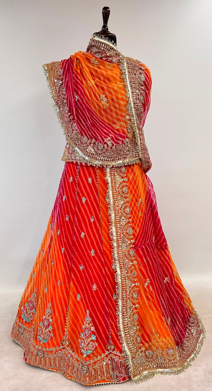 Orange Pure Semi Georgette Lahariya Print 05 Mte Flair With Gotta Patti Rajasthani Rajputi Lehenga Choli