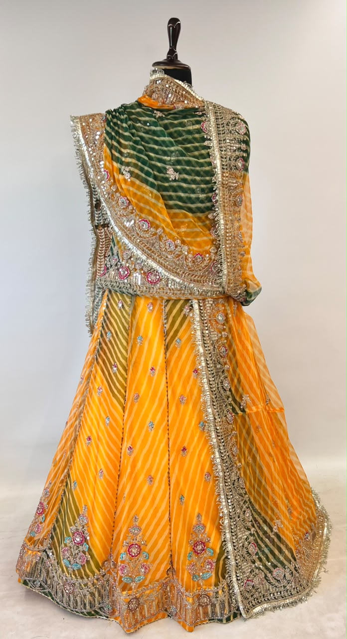 Yellow Pure Georgette Lahariya Print 05 Mte Flair With Gotta Patti Rajasthani Rajputi Lehenga Choli