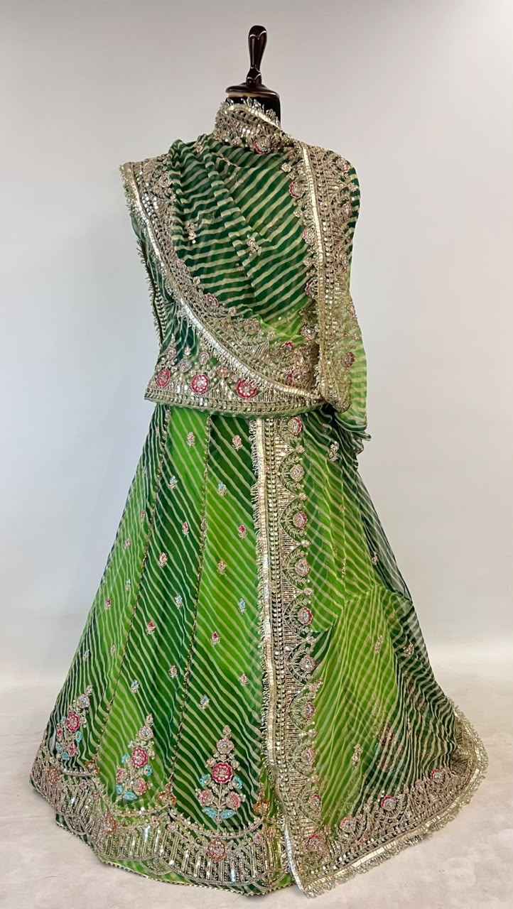 Green Pure Georgette Lahariya Print 05 Mte Flair With Gotta Patti Rajasthani Rajputi Lehenga Choli