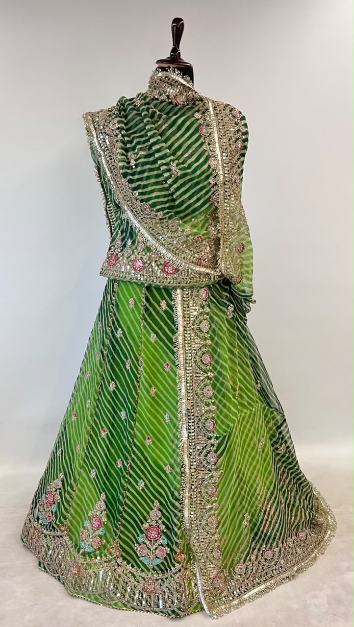 Green Pure Georgette Lahariya Print 05 Mte Flair With Gotta Patti Rajasthani Rajputi Lehenga Choli