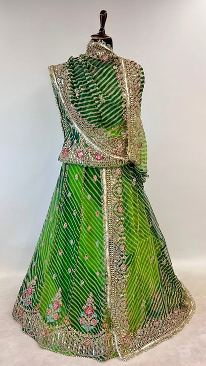 Green Pure Georgette Lahariya Print 05 Mte Flair With Gotta Patti Rajasthani Rajputi Lehenga Choli