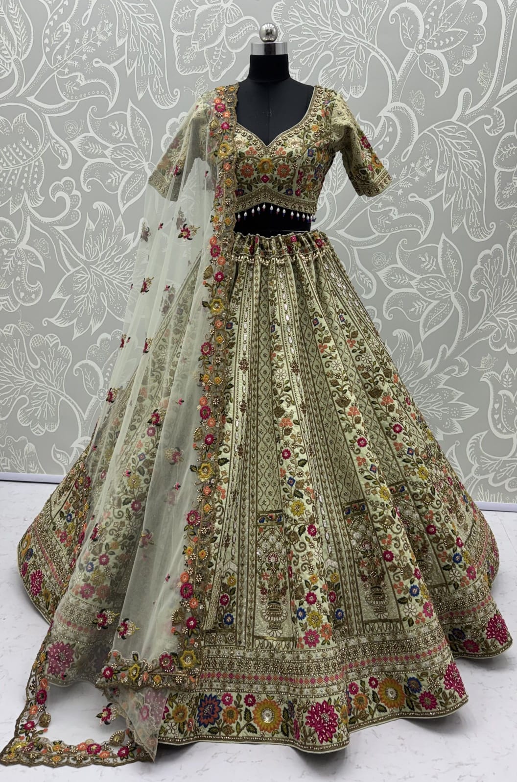 Pista Pure Gadhwal Silk Thread Embroidery Crystal &amp; Pearl Hand Sequins Bridal Lehenga Choli