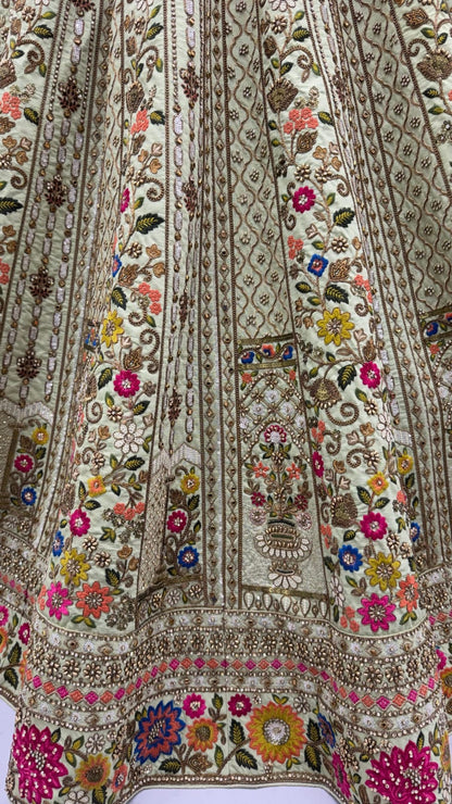 Off White Pure Gadhwal Silk Thread Embroidery Crystal &amp; Pearl Hand Sequins Bridal Lehenga Choli