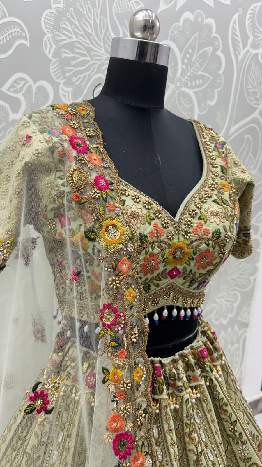 Pista Pure Gadhwal Silk Thread Embroidery Crystal &amp; Pearl Hand Sequins Bridal Lehenga Choli