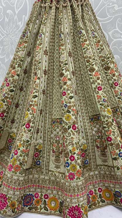 Pista Pure Gadhwal Silk Thread Embroidery Crystal &amp; Pearl Hand Sequins Bridal Lehenga Choli