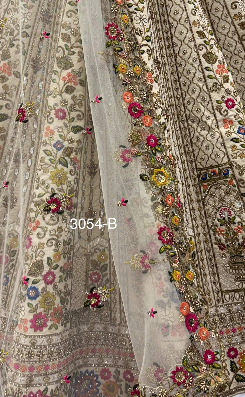 Off White Pure Gadhwal Silk Thread Embroidery Crystal &amp; Pearl Hand Sequins Bridal Lehenga Choli