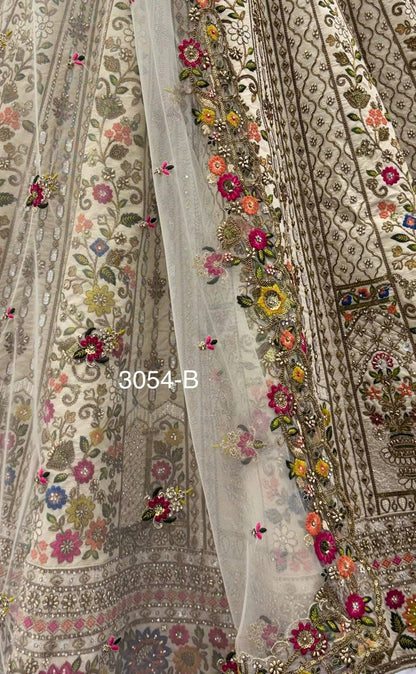 Off White Pure Gadhwal Silk Thread Embroidery Crystal &amp; Pearl Hand Sequins Bridal Lehenga Choli