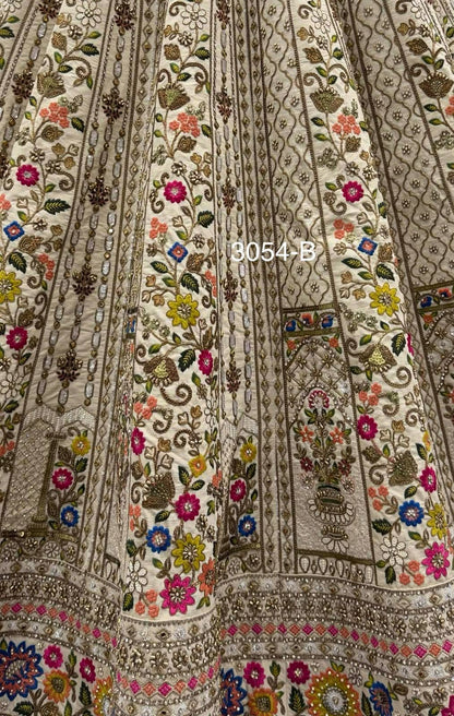 Off White Pure Gadhwal Silk Thread Embroidery Crystal &amp; Pearl Hand Sequins Bridal Lehenga Choli