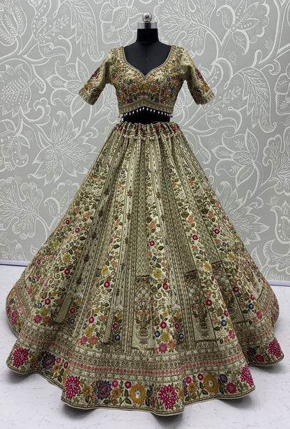 Pista Pure Gadhwal Silk Thread Embroidery Crystal &amp; Pearl Hand Sequins Bridal Lehenga Choli