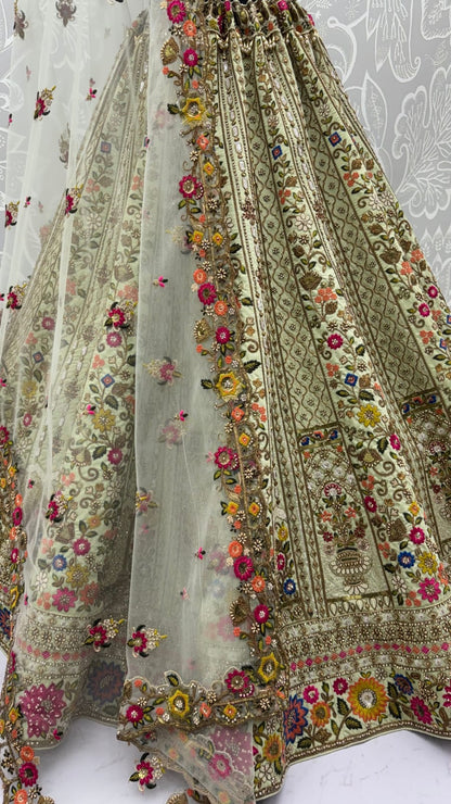 Pista Pure Gadhwal Silk Thread Embroidery Crystal &amp; Pearl Hand Sequins Bridal Lehenga Choli