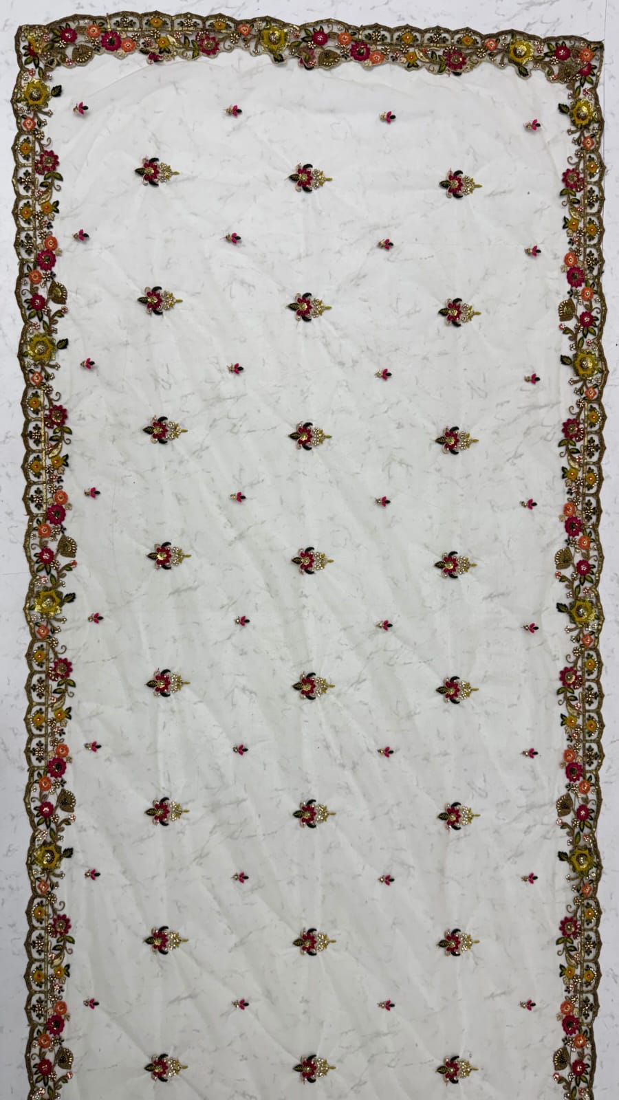 Off White Pure Gadhwal Silk Thread Embroidery Crystal &amp; Pearl Hand Sequins Bridal Lehenga Choli