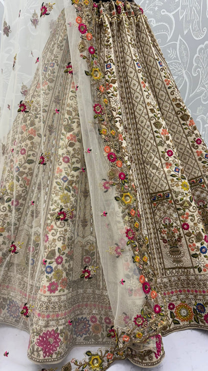 Off White Pure Gadhwal Silk Thread Embroidery Crystal &amp; Pearl Hand Sequins Bridal Lehenga Choli