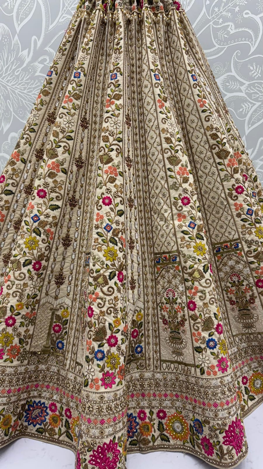 Off White Pure Gadhwal Silk Thread Embroidery Crystal &amp; Pearl Hand Sequins Bridal Lehenga Choli