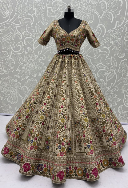 Off White Pure Gadhwal Silk Thread Embroidery Crystal &amp; Pearl Hand Sequins Bridal Lehenga Choli
