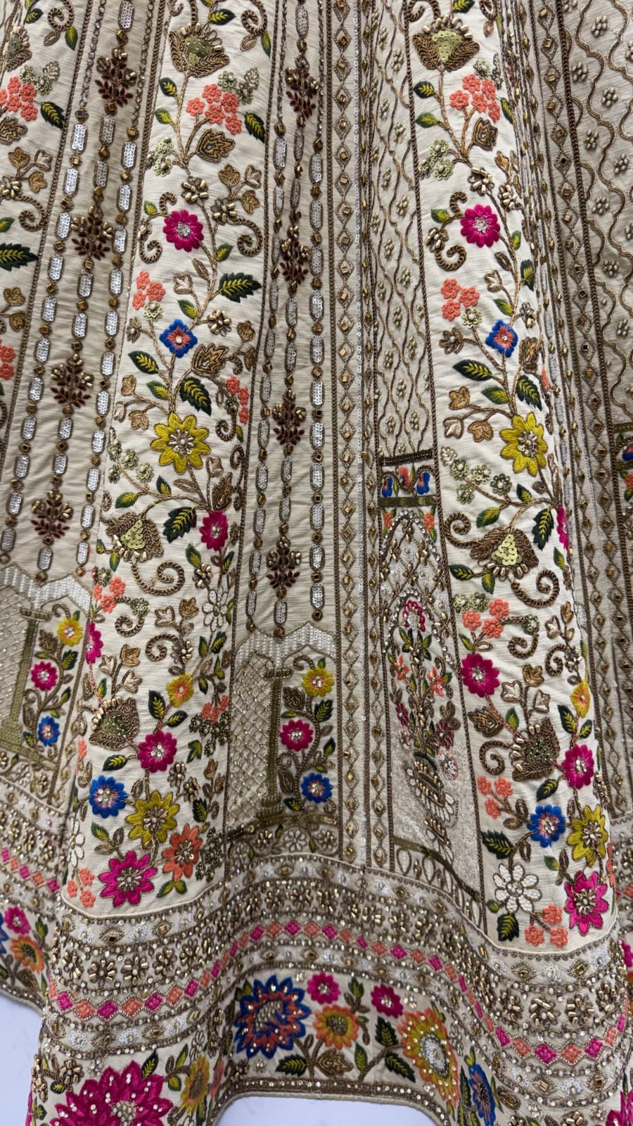 Off White Pure Gadhwal Silk Thread Embroidery Crystal &amp; Pearl Hand Sequins Bridal Lehenga Choli